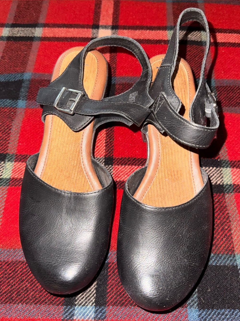 boc Black Leather Slingback Clogs with Buckle